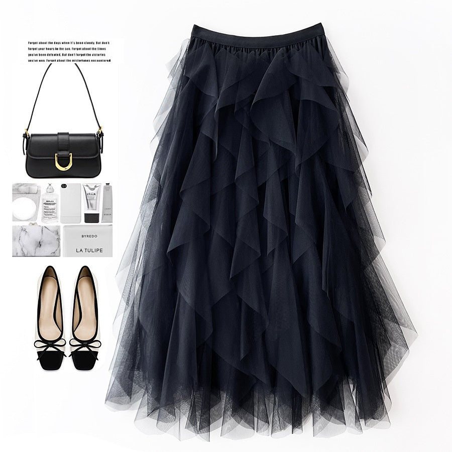 High Waist Mid-length Tassel Elegant Mesh Skirt Ins