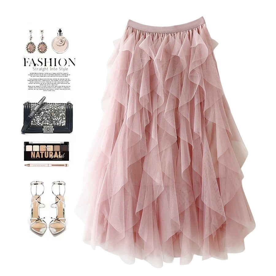 High Waist Mid-length Tassel Elegant Mesh Skirt Ins