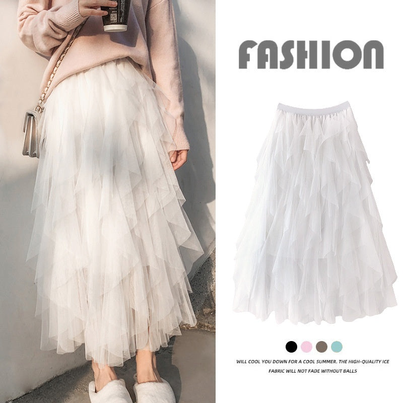 High Waist Mid-length Tassel Elegant Mesh Skirt Ins